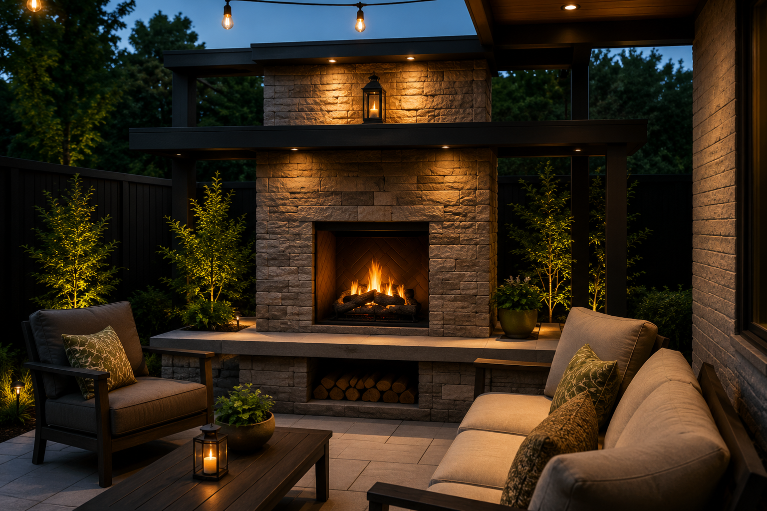 Outdoor patio with stone fireplace